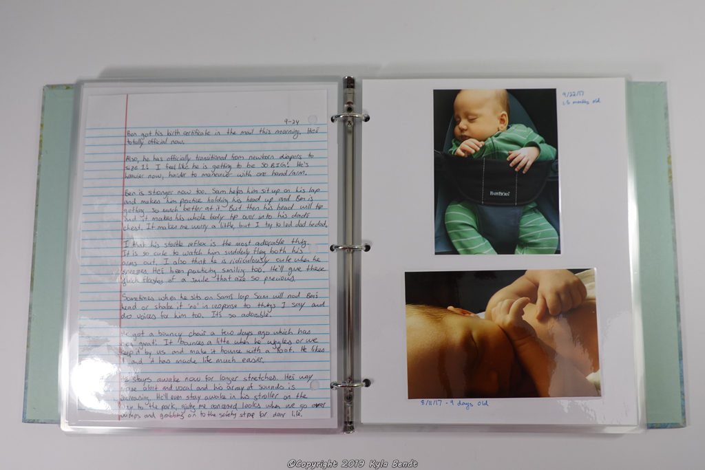 laminated baby book pages- journal entry and baby pictures