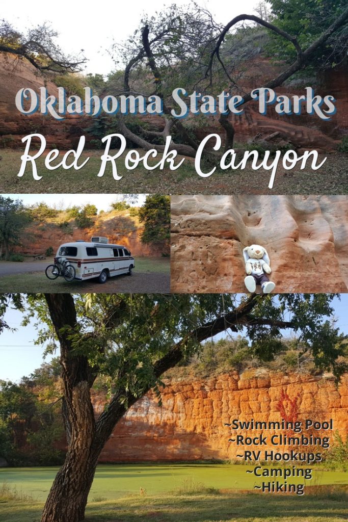 Oklahoma State Parks - Red Rock Canyon: Pictures of Red Rock Canyon with an RV van and Hoppy the rabbit.